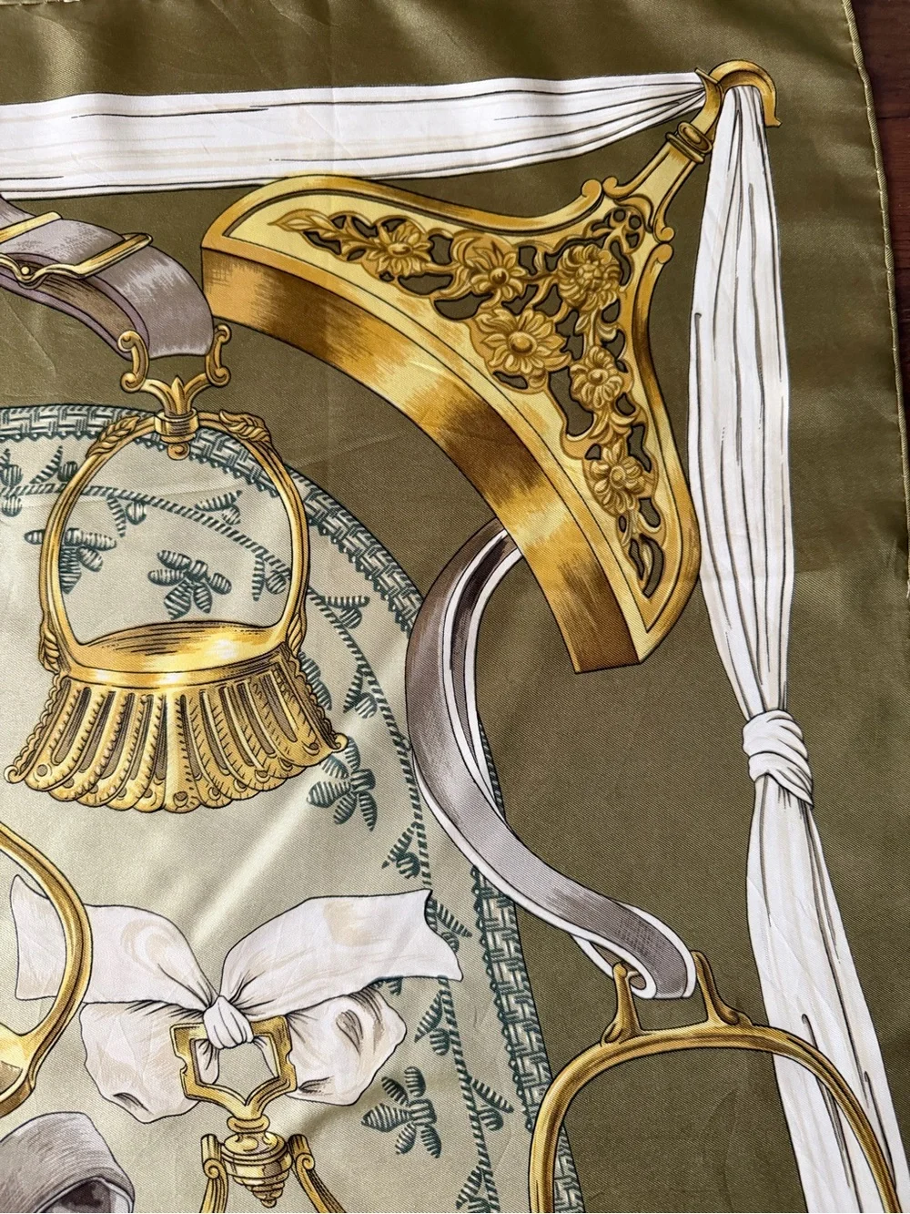 Hermes Etriers Silk Scarf with Gold Equestrian Hardware Print in Olive and Cream - Picture 14 of 16